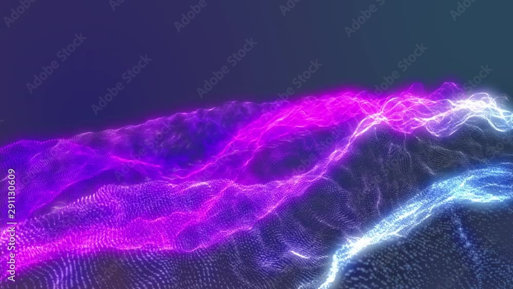 Poster 4K Glow Sci fi Digital Wave Dot Particle Motion Background. Beautiful Landscape Floating Defocus Animation Graphic Design.