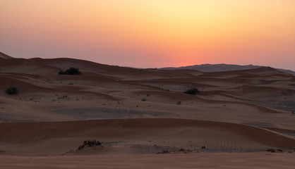 Fototapeta na wymiar Sunset in the desert in UAE. Sun is setting behind the sand dunes.