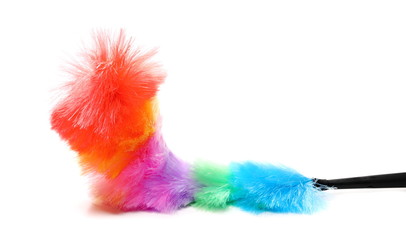 Soft colorful duster with plastic handle on white background