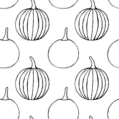 Vector seamless pattern with hand drawn outline pumpkins. Garden vegetable background. Template for fabric, wrapping paper, harvest festival or halloween decoration. Contour image