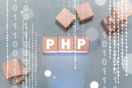 PHP data software coding web language on wooden cubes.