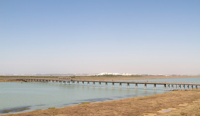 Wooden walkway brigde over river mouth and marsh