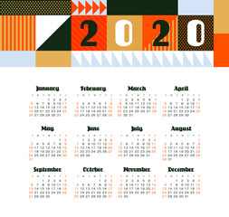 Vector calendar 2020 year. Week starts from Sunday