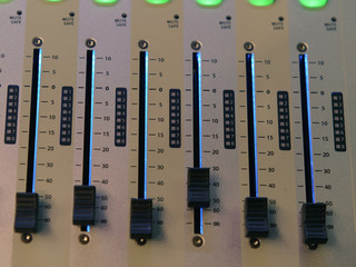 Souncraft mixed board. Photography of the modern premium stage mixed board / desk. Close frontal...