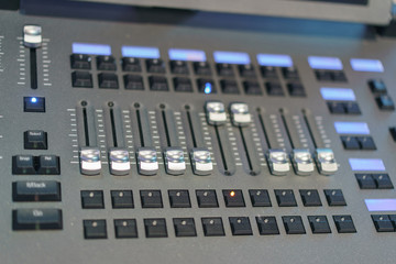 Souncraft mixed board. Photography of the modern premium stage mixed board / desk. Close frontal view.