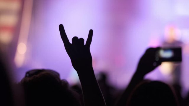 Rock concert fan makes horn gesture
