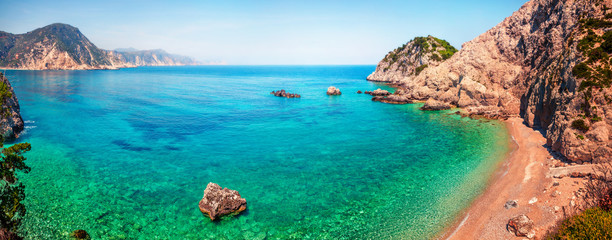 Panoramic spring view of Agia eleni beach. Colorful morning seascape of Mediterranean Sea. Bright outdoor scene of Kefalonia island, Greece, Europe. Traveling on Ionian Islands.