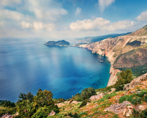 Aerial spring view of Asos peninsula and town. Romantic morning seascape of Ionian Sea. Exciting...