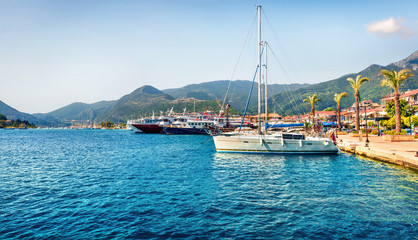 Panoramic spring view of port Nydri. Colorful morning seascape of Ionian Sea. Sunny outdoor scene of Lefkada island, Greece, Europe. Traveling concept background.