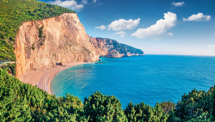 Fototapeta premium Aerial spring view of Porto Katsiki Beach. Splendid morning seascape of Ionian sea. Stunning outdoor scene of Lefkada Island, Greece, Europe. Beauty of nature concept background.