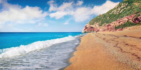 Amazing spring view of Milos Beach. Fantastic morning seascape of Ionian sea. Bright outdoor scene of Lefkada Island, Greece, Europe. Beauty of nature concept background.