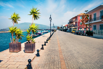 Sunny morning cityscape of Lefkada, capital of Lefkada island, Greece, Europe. Bright spring seascape of Ionian Sea. Traveling concept background.