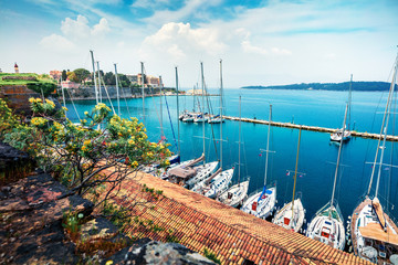 Great view of the capital of Corfu island. Colorful spring cityscape of port of Kerkira town. Sunny...