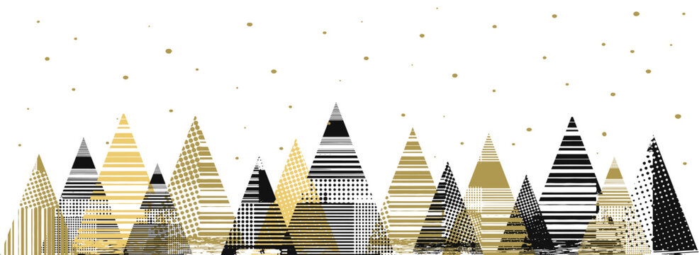 Christmas trees with abstract texture. White and gold color. White background with golden snowflakes