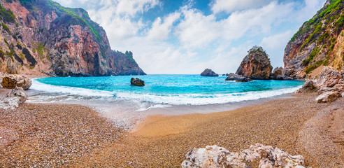 Attractive spring view of Gyali beach. Sunny morning seascape of Ionian Sea. Fantastic outdoor...