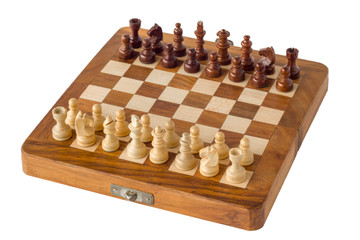 chess pieces stand on a wooden board  isolated on a white background