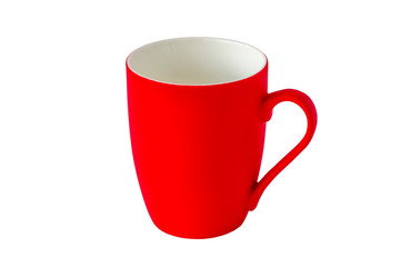 empty red porcelain mug with handle close-up isolated on white background