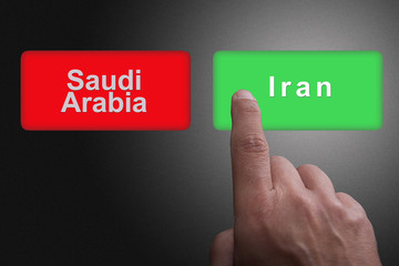 Buttons with written Saudi Arabia and Iran and pointing finger, on a gray gradient background