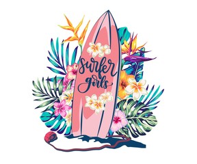 surfing girl walking in the beach looking at the waves keep the surf, Trendy flat exaggerated style isolated object people, Cute cartoon flat people in vector. Beach summer travel lifestyle texture. S © SamsonFM