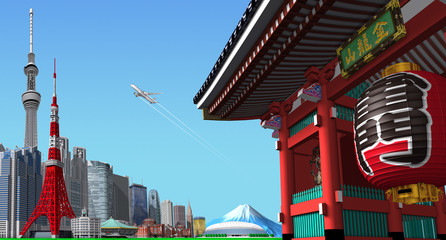 Fototapeta na wymiar Tokyo skyline, temple and blue sky in 3d render