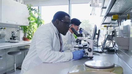 Scientist working in lab. Doctors making medical research. Laboratory tools: microscope, test tubes, equipment. Biotechnology, chemistry, science, experiments and healthcare concept.