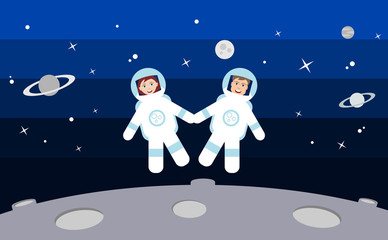 Two astronauts float in space holding hands. Happy man and woman in space suits smiling. Love, space travel, explore. Relationship thriving. Couple reaching new heights. Vector illustration,flat style © Tasha Vector