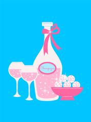 pink champagne bottle with glasses and candy