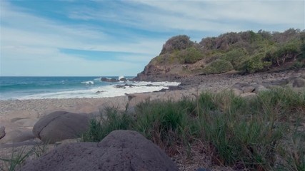 Boulder Beach & Headland Cliffs. Lennox Head Landscape Australia New South Wales. Ocean Views & Rocky Boulders. Sunny Blue Cloudy Sky Over Coast Sea & Grass. Popular Seaside Family Holiday Destination