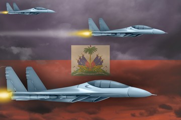 Haiti air forces strike concept. Air planes attack on Haiti flag background. 3d Illustration