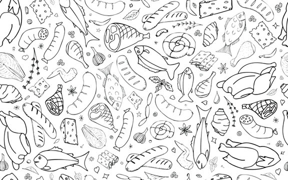 Vector background with fish, cheese, sausages, chicken, meat. Useful for packaging, menu design and interior decoration. Hand drawn doodles. Seamless pattern of food elements on white background.