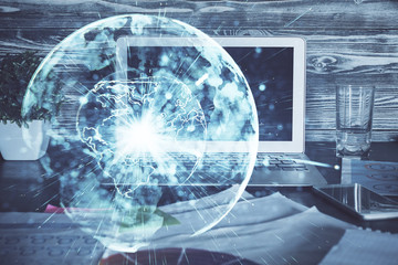 Multi exposure of business theme icons and table with computer background. Concept of success.