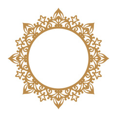 Laser cutting photo frame. Decorative round template for design. Vector geometric vintage metal border. Oriental ornamental lace, golden silhouette. Circular pattern in arabesque style. Napkin stencil