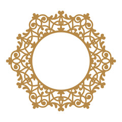 Laser cutting photo frame. Decorative round template for design. Vector geometric vintage metal border. Oriental ornamental lace, golden silhouette. Circular pattern in arabesque style. Napkin stencil