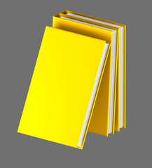 3d illustration of object - very high detail stack of 3 yellow closed books, knowledge concept isolated on grey background