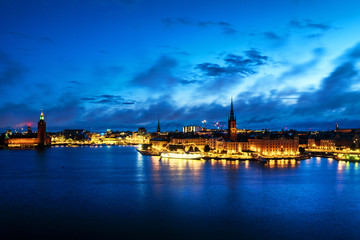 Naklejka premium Aerial view of Gamla Stan in Stockholm, Sweden with landmarks like Riddarholm Church