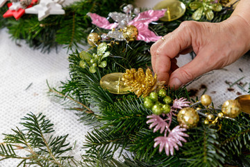 Hands of a woman decorate Christmas Advent wreath from fir twigs