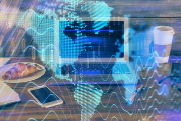 Multi exposure of forex graph and work space with computer. Concept of international online trading.
