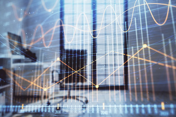 Forex chart hologram with minimalistic cabinet interior background. Double exposure. Stock market concept.