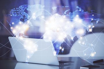 Multi exposure of business theme icons and table with computer background. Concept of success.