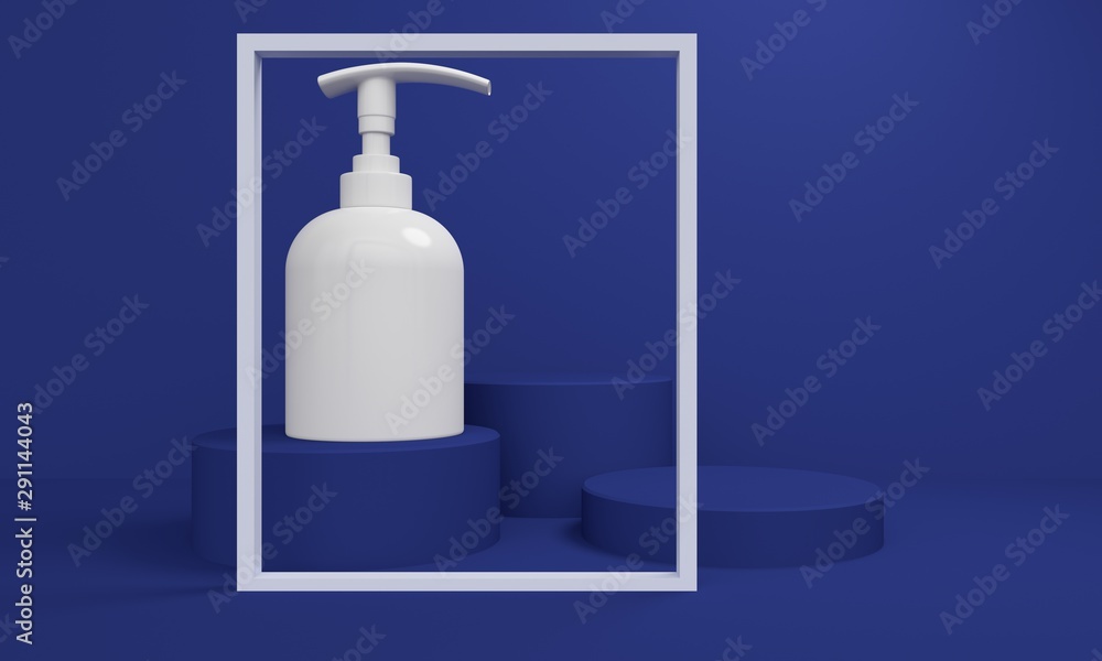 Poster mockup bottle for cream or liquid soap on a blue geometric abstract background with a cylindrical po