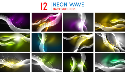 Set of neon shiny abstract wave backgrounds, dynamic energy motion concepts with blurred line elements. Flowing technology banners.