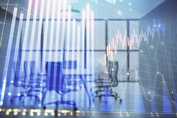 Multi exposure of stock market graph on conference room background. Concept of financial analysis