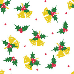 New Year or Christmas Seamless pattern with bells and mistletoe.