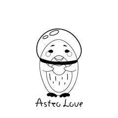 Advertising poster cute cartoon animal astronaut in space. Inscription astro love. Elements for printing and greeting cards and poster. Baby pictures, penguin paws heart. Vector illustration.
