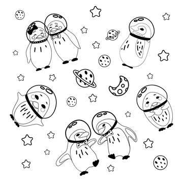Set cute cartoon animals astronauts in space. Elements for printing and greeting cards and poster. Baby pictures, penguins in different poses. Vector illustration.