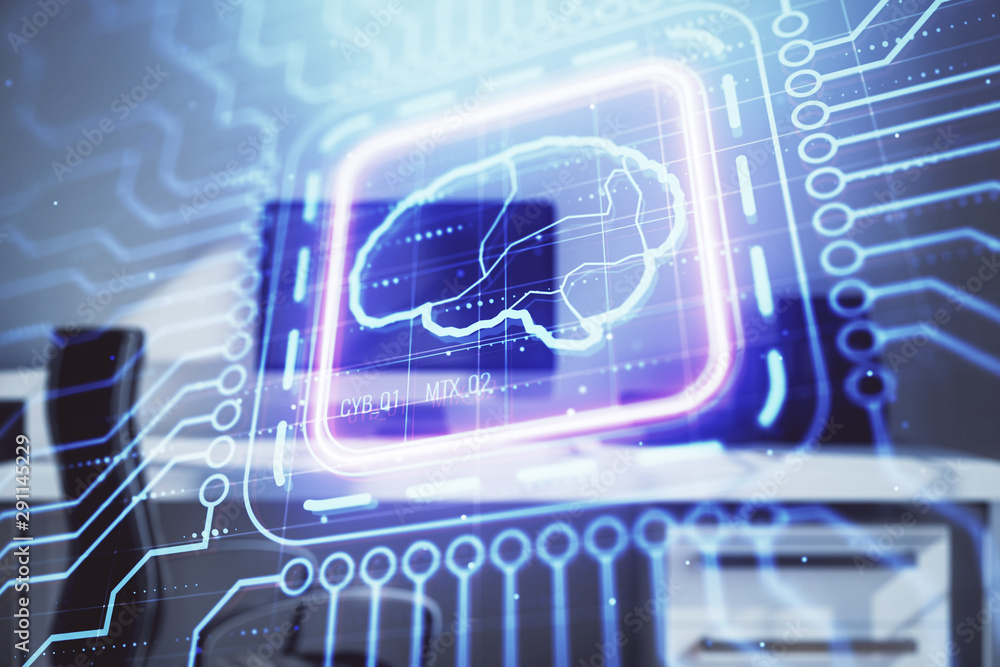 Poster brain sketch hologram with desktop office background. double exposure. brainstorm concept.
