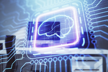 Brain sketch hologram with desktop office background. Double exposure. Brainstorm concept.