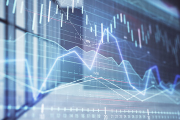 Double exposure of financial chart on empty room interior background. Forex market concept.