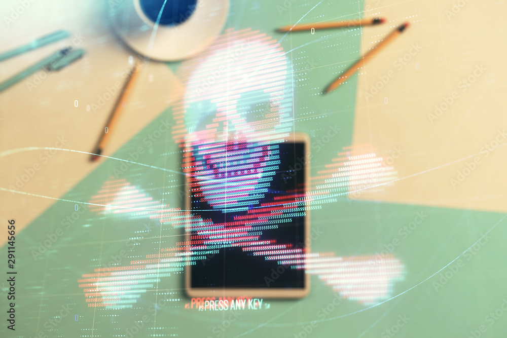 Poster double exposure of hacking theme drawing on digital tablet, table background. concept of data securi