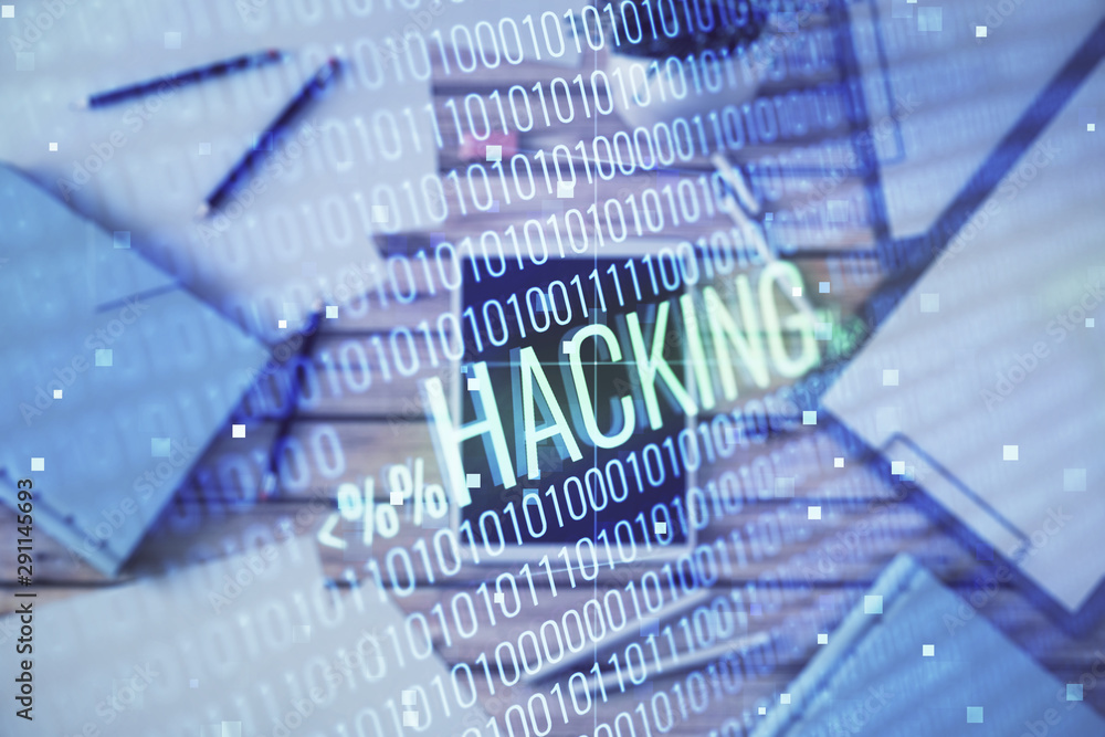 Poster double exposure of hacking theme drawing on digital tablet, table background. concept of data securi